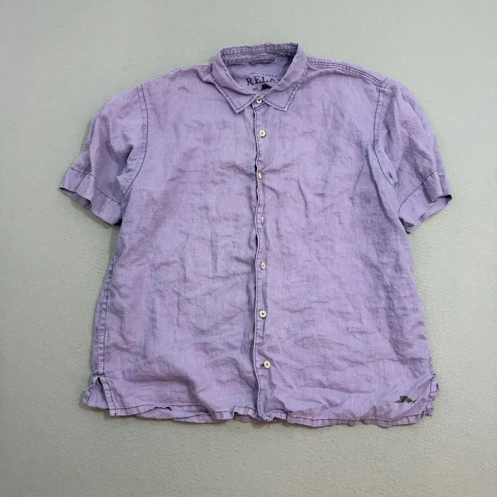 Tommy Bahama Relax 100% Linen Short Sleeve Shirt Men's Extra Large Purple Camp - Picture 1 of 9